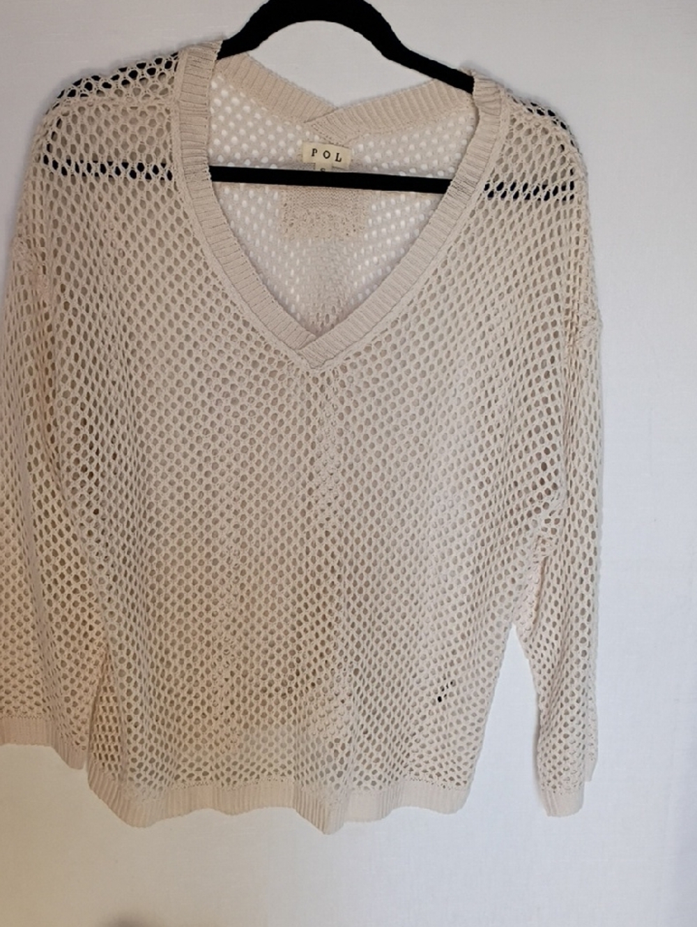 POL Women's Open-Knit V-Neck Top Sweater - Cream Size S - Picture 2 of 7